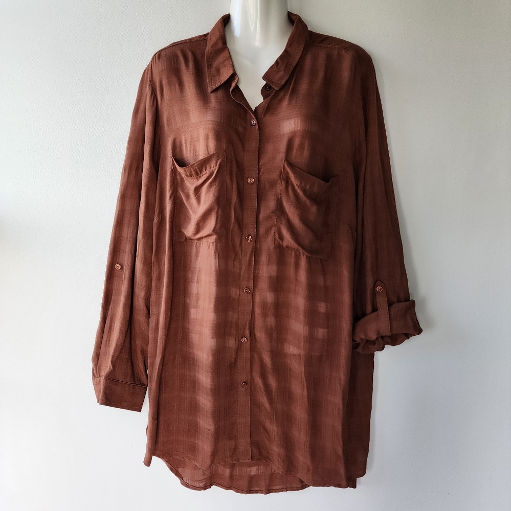 C EST 1946 Plus Sportswear Friar Brown Button Down Sheer Long Sleeve Top…
